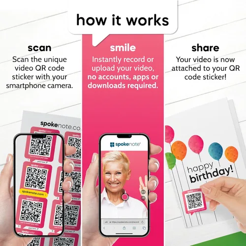 Vista 2 de Adhesivo personalizado para grabación de video Las calcomanías de código QR de Spokenote te permiten añadir videos personalizados, instrucciones a
