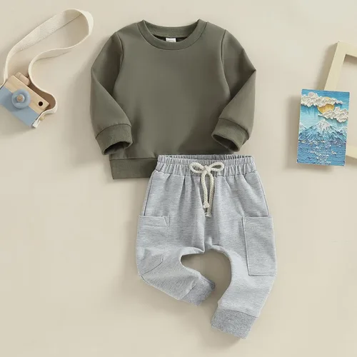 Vista 2 de Conjunto de sudadera de manga larga con cuello redondo y pantalones deportivos para bebés, ropa de invierno para bebé