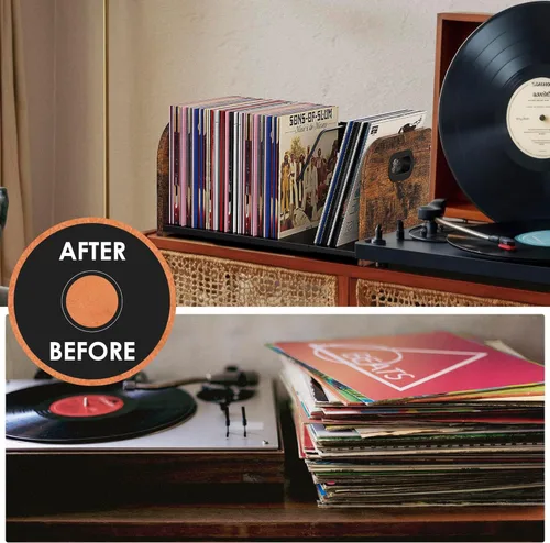 Vista 7 de RUILALIFE Soporte de almacenamiento de discos de vinilo, estante extensible para discos con divisor móvil, soporte de estante de exhibición de álbum