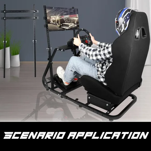 Vista 7 de Anman G25 Pro TV VR Sim Racing Simulator Cockpit Black Seat with Visualizer Monitor Stand Fit for LogitechThrustmasterFanatec G25 G27 G29 G920 G923