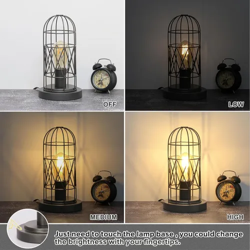 Vista 4 de Pequeña Lámpara Industrial, Lámpara de Mesa de Control Táctil Regulable de 3 Vías, Lámpara Edison Steampunk de Hierro Rústico Vintage, Lámpara