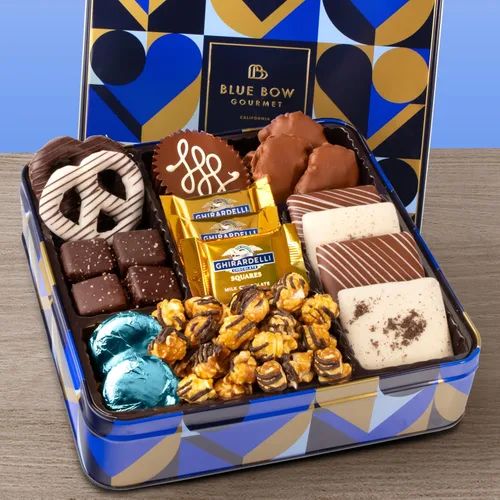 Vista 3 de Blue Bow Gourmet Caja de regalo de surtido de chocolate artesanal para cumpleaños, agradecimiento, regalos empresariales, festivos
