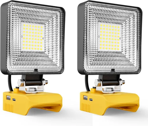 LIVOWALNY Luces de trabajo LED de 60 W compatibles con batería Dewalt, 2 linterna de 6000 lm con puerto de salida USB A y USB C, protección de bajo