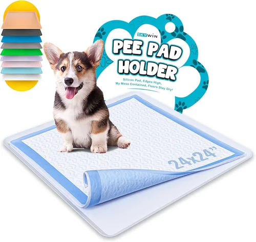 Vista 2 de Skywin Bandeja para almohadillas para cachorros de 24 x 24 pulgadas (gris) + 30 x 36 pulgadas (gris) – Silicona, soporte para orina para perros