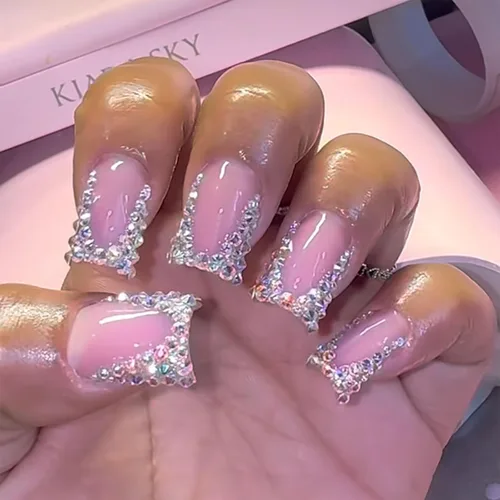 Vista 14 de 24 uñas postizas cuadradas a presión, cortas, bonitas, florales, acrílicas, con diseños de flores de arcoíris, uñas reutilizables con pegamento