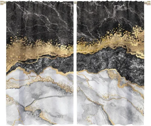 Vista 70 de Cortinas abstractas de mármol de lujo de lujo azul marino dorado a rayas con patrón de mármol estampado para dormitorio, sala de estar, cortinas