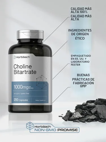 Vista 5 de Horbaach Suplemento de bitartrato de colina 1000 mg 250 cápsulas