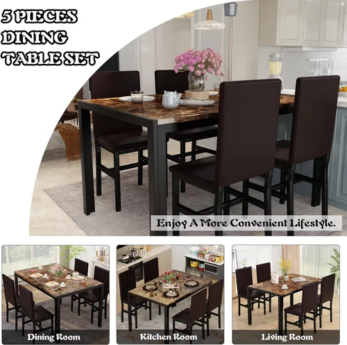 Vista 8 de DKLGG Juego de 4 sillas de mesa de comedor para 4, juego de 4 sillas de mesa de comedor de 5 piezas, juego de mesa de comedor de mármol sintético