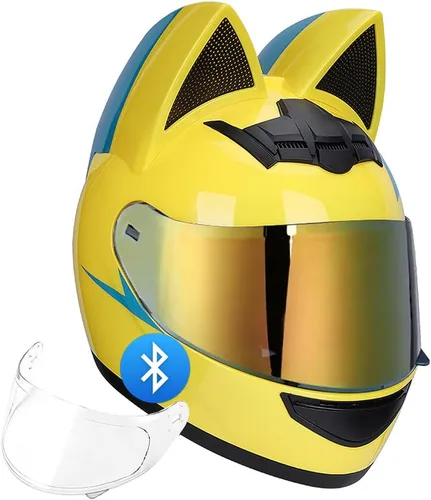 Vista 9 de Casco Bluetooth de motocicleta con orejas de gato, certificado DOT, casco de motocicleta de cara completa, lindos cascos de gato con visera HD