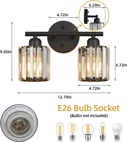 Vista 3 de Moderna lámpara de tocador de cristal de 2 luces, lámpara vertical negra sobre espejo para tocador y fregadero, compatible con bombillas regulables