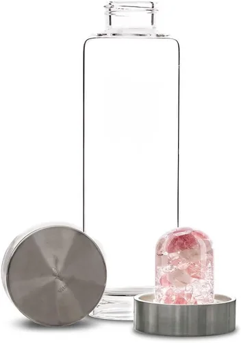 Vista 2 de VitaJuwel ViA ADORE - Botella de agua de cristal con piedra lunar, cuarzo rosa y cuarzo transparente para amor propio, compasión y crecimiento
