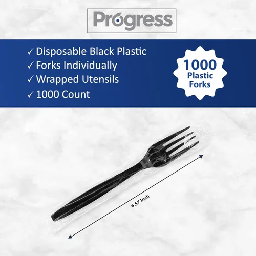 Vista 2 de Progress Cubiertos de plástico envueltos individualmente, tenedores desechables negros resistentes [1000 unidades a granel] Tenedores negros fuertes