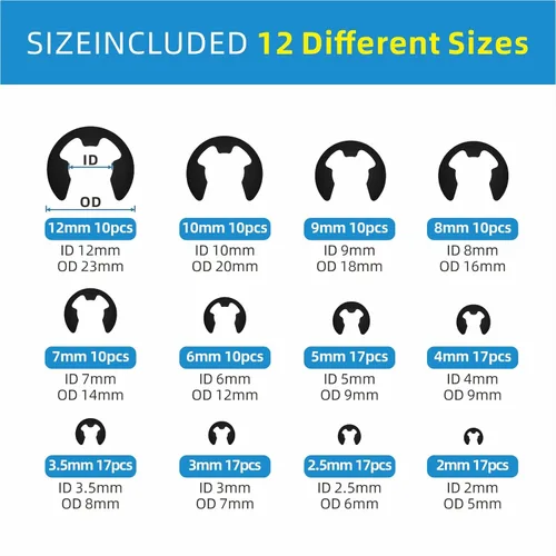 Vista 2 de Mariyandh Juego de 324 piezas de clips E (2.0 mm-12 mm) y anillos de retención externos, kit de surtido de anillos de resorte, surtido de clips C