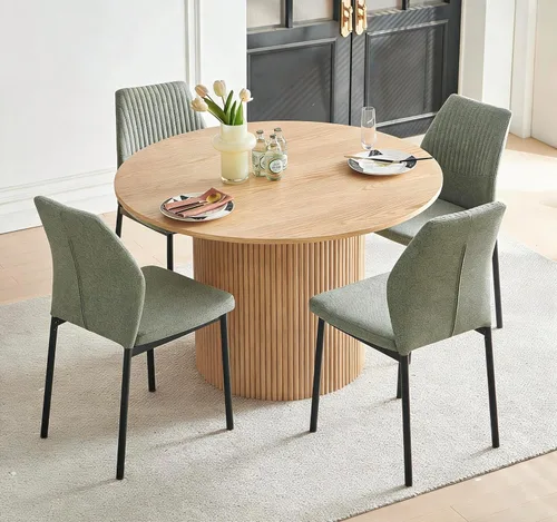 Vista 33 de Juego de mesa de comedor para 4, mesa de cocina redonda de madera de 47 pulgadas con sillas de piel sintética para cocina y espacios pequeños