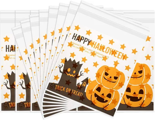 Boao 100 bolsas de golosinas de Halloween, bolsas transparentes autoadhesivas para dulces, calabaza a granel, celofán, bolsa de plástico para