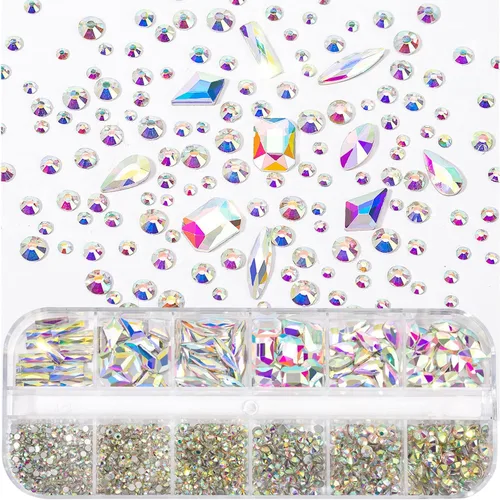 Vista 4 de Kit de diamantes de imitación para uñas, 1500 piezas de diamantes de imitación redondos con parte trasera plana, gemas de uñas AB multiformas, 0.3