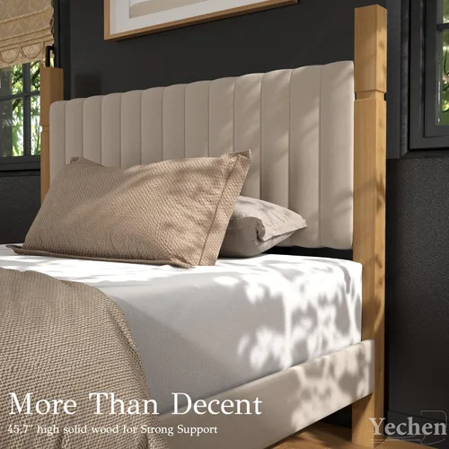 Vista 3 de Yechen Base de cama Queen con cabecero, marco de cama de madera con postes de madera maciza, no necesita somier, lino beige Sábanas beige