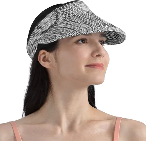 Vista 9 de SUN CUBE Sombrero de visera para mujer, sombrero de playa de ala ancha, paja con protección UV, gorra plegable plegable, visera de verano para cola