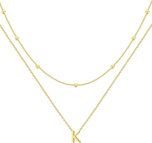 Vista 5 de Poxtex Gargantilla con inicial en capas para mujer, collar con dije de letra de oro de 14 quilates, 26 mayúsculas A-Z para mujeres y niñas, regalos