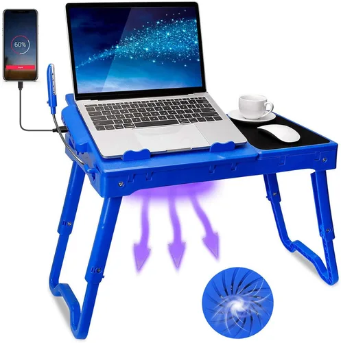 Vista 10 de TeqHome Escritorio para computadora portátil para cama, mesa ajustable con ventilador, escritorio portátil de regazo, patas plegables, soporte