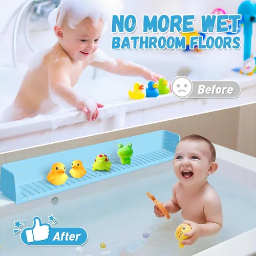 Vista 2 de Protector contra salpicaduras para bañera para niños, protector contra salpicaduras de bañera de silicona con 11 ventosas, estante de juego