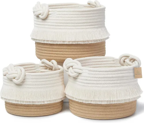 Vista 16 de NaturalCozy - Juego de 3 piezas de cestas de almacenamiento de decoración boho - Cestas tejidas de cuerda de algodón para organizar! Cosas pequeñas
