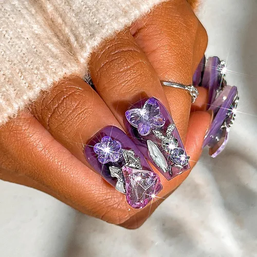Vista 5 de Sethexy Uñas postizas de lujo hechas a mano con diamantes de imitación morados, cristales de corazón 3D, uñas largas a presión con lazo de mariposa