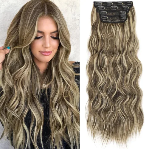 Vista 47 de KooKaStyle Extensiones de cabello sintético con pinzas, largo, ondulado, grueso, balayage, marrón chocolate a rubio caramelo, fibra 10H26
