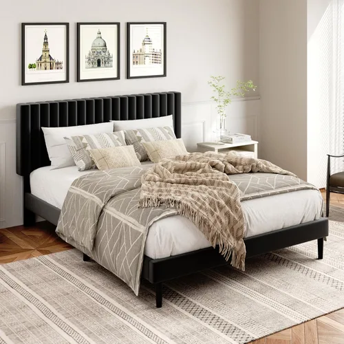 Vista 9 de HAOARA Base de cama de plataforma tamaño Queen con cabecera tapizada de terciopelo, marco de cama Queen con listones de madera fuertes, somier Beige