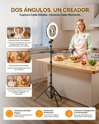 Vista 3 de Soporte de luz para trípode mejorado con 2 brazos telescópicos, trípode de luz de anillo de 67 pulgadas para iPhone y Android, soporte de teléfono