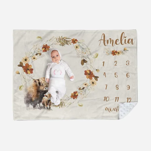 Manta de hito mensual personalizada para bebé, nombre personalizado con fondo de fotografía de diseño de ganado de las tierras altas, manta de felpa