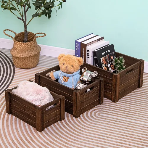 Vista 5 de Cajas grandes de madera marrón vintage para almacenamiento, cajas de almacenamiento de madera maciza hechas a mano de madera maciza vintage