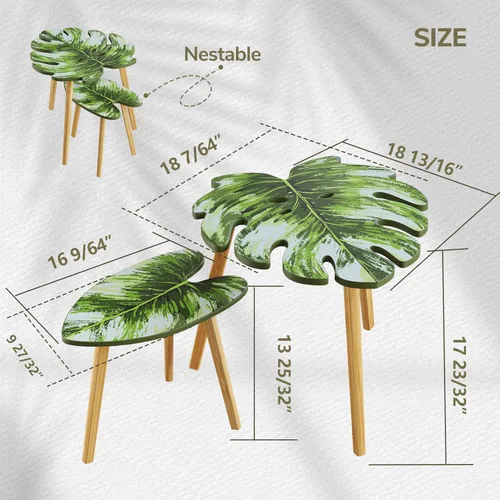 Vista 2 de BAMEOS Monstera - Juego de 2 mesas auxiliares pequeñas con patrón de venas de hojas, modernas mesas auxiliares de madera para sala de estar