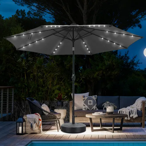 Vista 12 de Sombrilla solar de patio de 10 pies con base, 32 luces LED, sombrilla de mercado al aire libre con botón de inclinación y grietas para jardín Azul