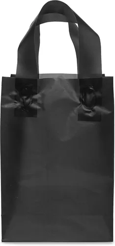Vista 6 de Prime Line Packaging Bolsas de regalo de plástico, bolsas de mano esmeriladas con asas para compras, pequeñas empresas, negro esmerilado, venta al