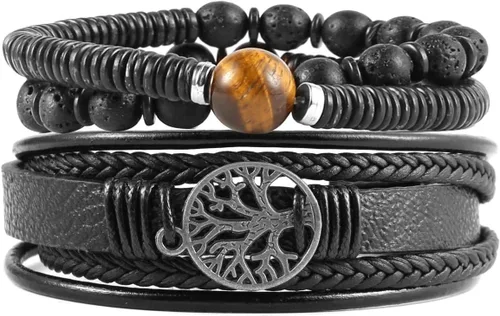 HZMAN Pulseras de cuero genuino con diseño de árbol de la vida para hombres y mujeres, diseño de ojo de tigre, piedra natural, cuentas de roca de