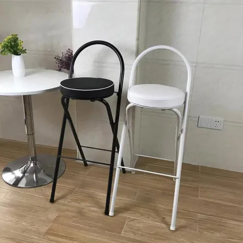 Vista 5 de Taburete de bar plegable para desayuno, 26/28/30" silla alta con asiento acolchado, taburete redondo portátil con respaldo, taburete plegable