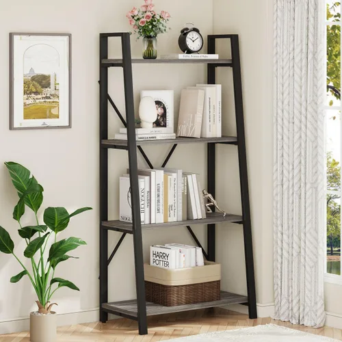 BON AUGURE - Estantería de escalera, estante de 4 niveles, estantería de madera inclinada para libros para sala de estar, dormitorio, unidad de