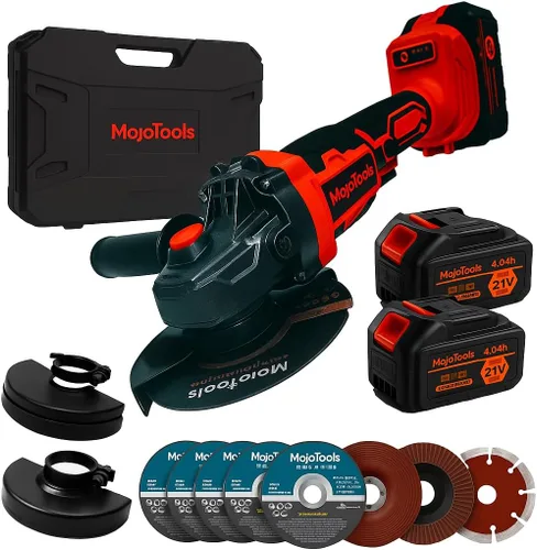 Kit de amoladora angular inalámbrica sin escobillas de 21 V, 4-1/2 pulgadas, 9000 RPM, 2 baterías de 4.0 Ah y cargador rápido, 8 discos (5 metal + 1