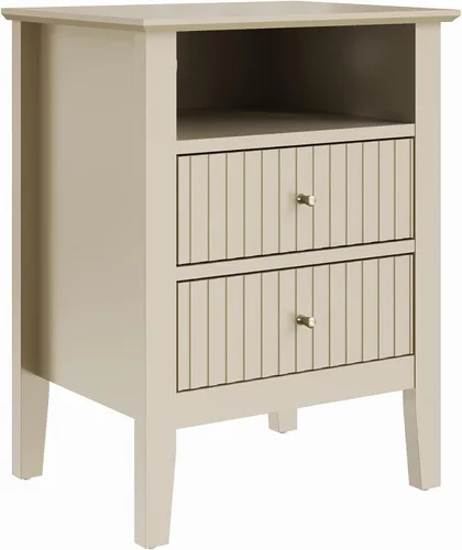 Vista 7 de RoyalCraft - Mesa auxiliar beige acanalada con 2 cajones, mesa auxiliar colorida para dormitorio, mesa auxiliar moderna de madera con almacenamiento