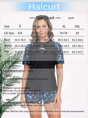 Vista 6 de Halcurt Conjunto de protección solar de manga corta de dos piezas para mujer, con UPF 50, camiseta de baño con pantalones cortos de tabla de surf