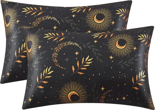 Vista 14 de EXQ Home - Funda de almohada de satén para cuidar el cabello y la piel, tamaño estándar, de seda con estampado negro, juego de 2 fundas con cierre
