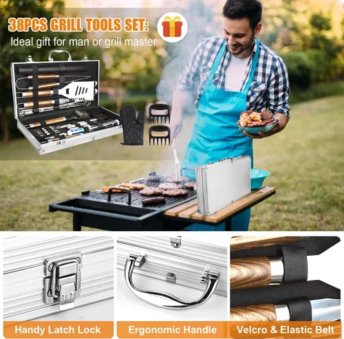 Vista 6 de Cifaisi Juego de accesorios para parrilla de barbacoa, 38 piezas de herramientas de parrilla de acero inoxidable con funda de aluminio, termómetro