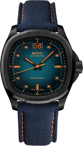 Vista 10 de MIDO Multifort TV Big Date - Reloj suizo automático para hombres - Caja de 40mm con respaldo transparente Azul sobre acero inoxidable
