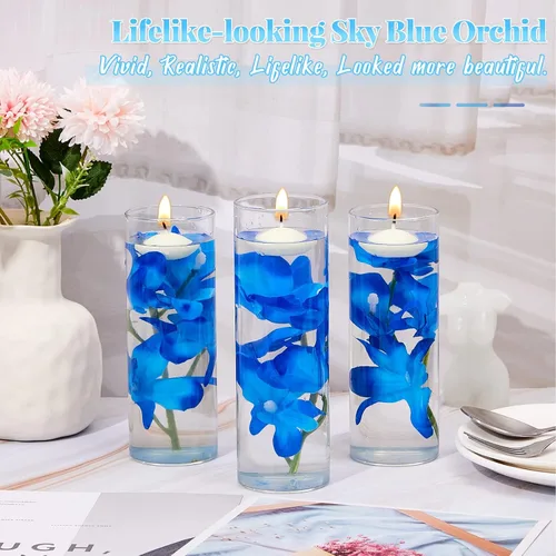 Vista 4 de Juexica 28 piezas de flores flotantes para centros de mesa, flores de orquídea azul, rellenos de jarrón, velas flotantes sin perfume para boda