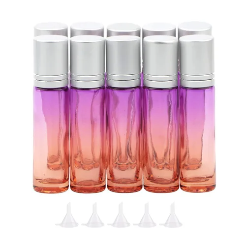 Vista 7 de Juego de 10 botellas enrollables de vidrio, 0.3 fl oz (1/3 onza), tarros de rodillo de gradiente azul con abridor de embudos, frascos de vidrio