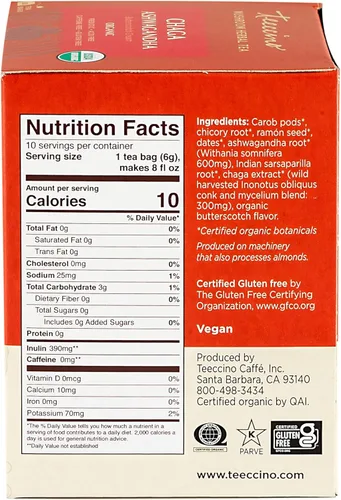 Vista 7 de Teeccino Chaga Ashwagandha Tea - Crema de caramelo - Té de hierbas adaptogénico de hongos orgánicos, 3 veces más hierbas que las bolsas de té