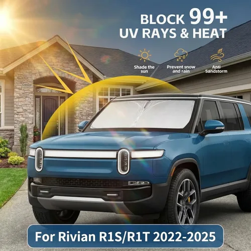 Vista 2 de Parasol para parabrisas Rivian R1S 2022-2024 2025, parasol para ventana frontal, ajuste personalizado, accesorios R1S, visera solar, pantalla
