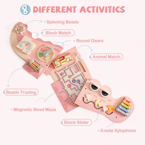 Vista 7 de ROBOTIME Tablero Ocupado de Cocodrilo Paneles de Pared para Niños Pequeños, Tablero de Actividades Sensoriales Montessori Rosa, Centro
