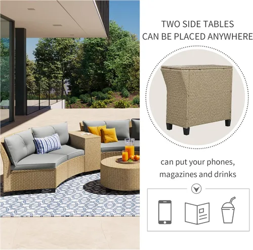 Vista 6 de Juego de sofá de media luna de 9 piezas, muebles de patio de ratán, juego de sofá medio redondo en forma de abanico con mesa redonda, juego